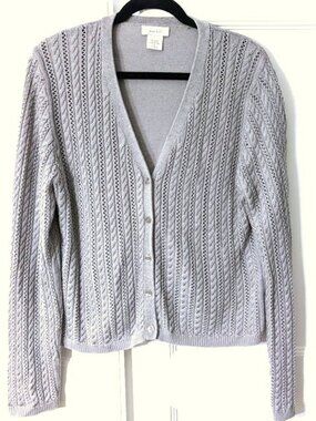 Kate Hill Cable Knit V-Neck Cardigan - Light Gray XL